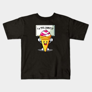 A cartoon ice cream cone holding a sign that says "I'm the Coolest." Funny Kids T-Shirt